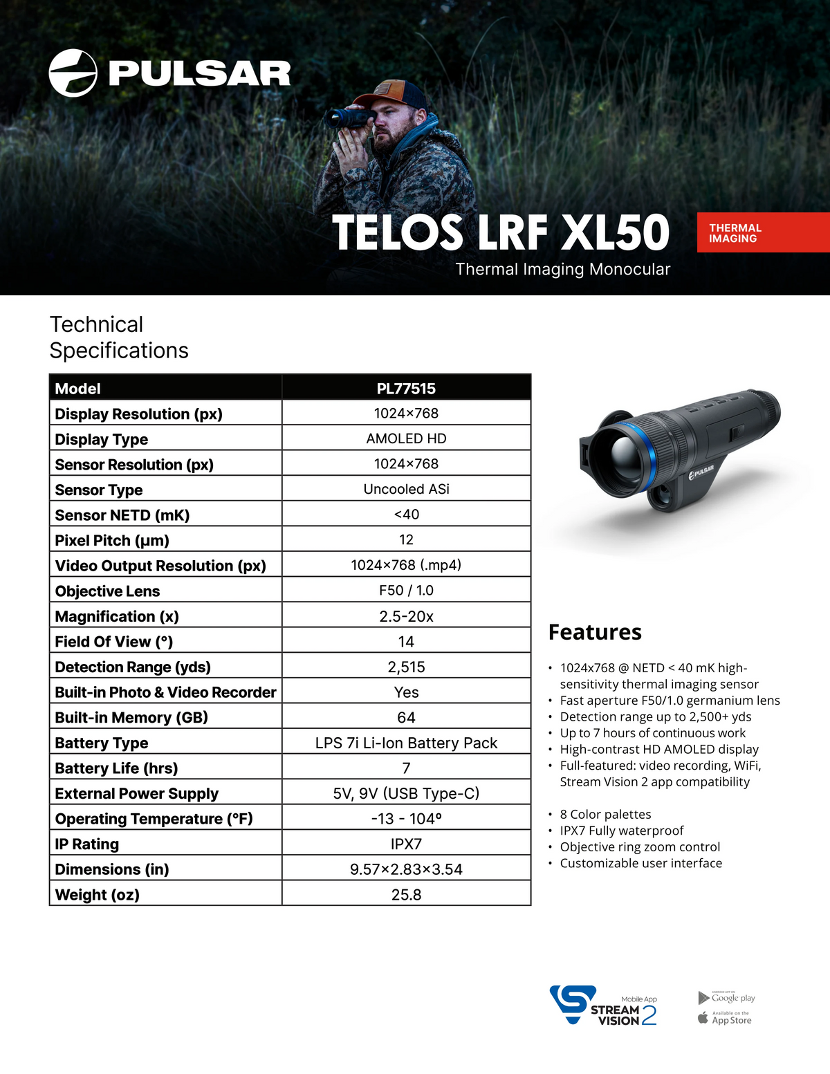 Pulsar Telos LRF XL50 Thermal Imaging Monocular R-PL77515 "Refurbished"