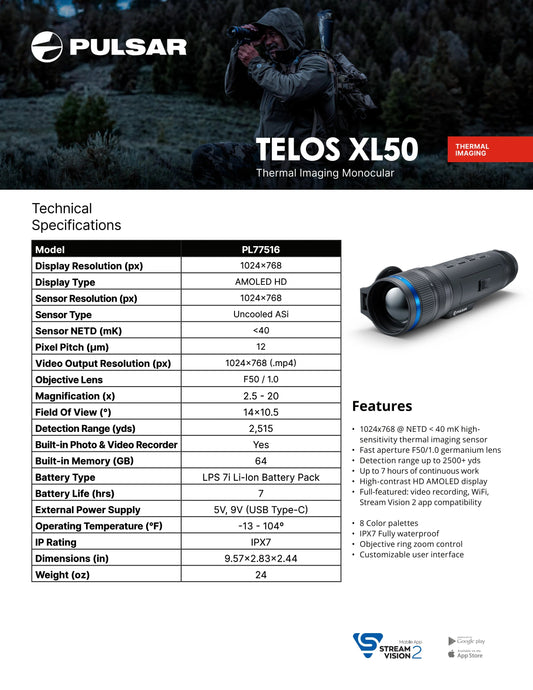 Pulsar Telos XL50 Thermal Monocular PL77516 New